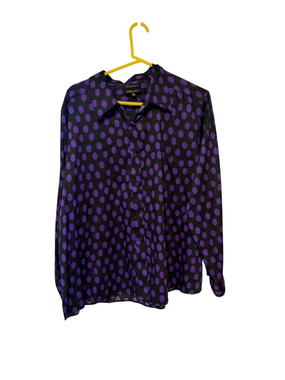 Foxcroft Wrinkle Free Shaped Fit Womens Size 22W Black Purple Polka DOt Long Sle